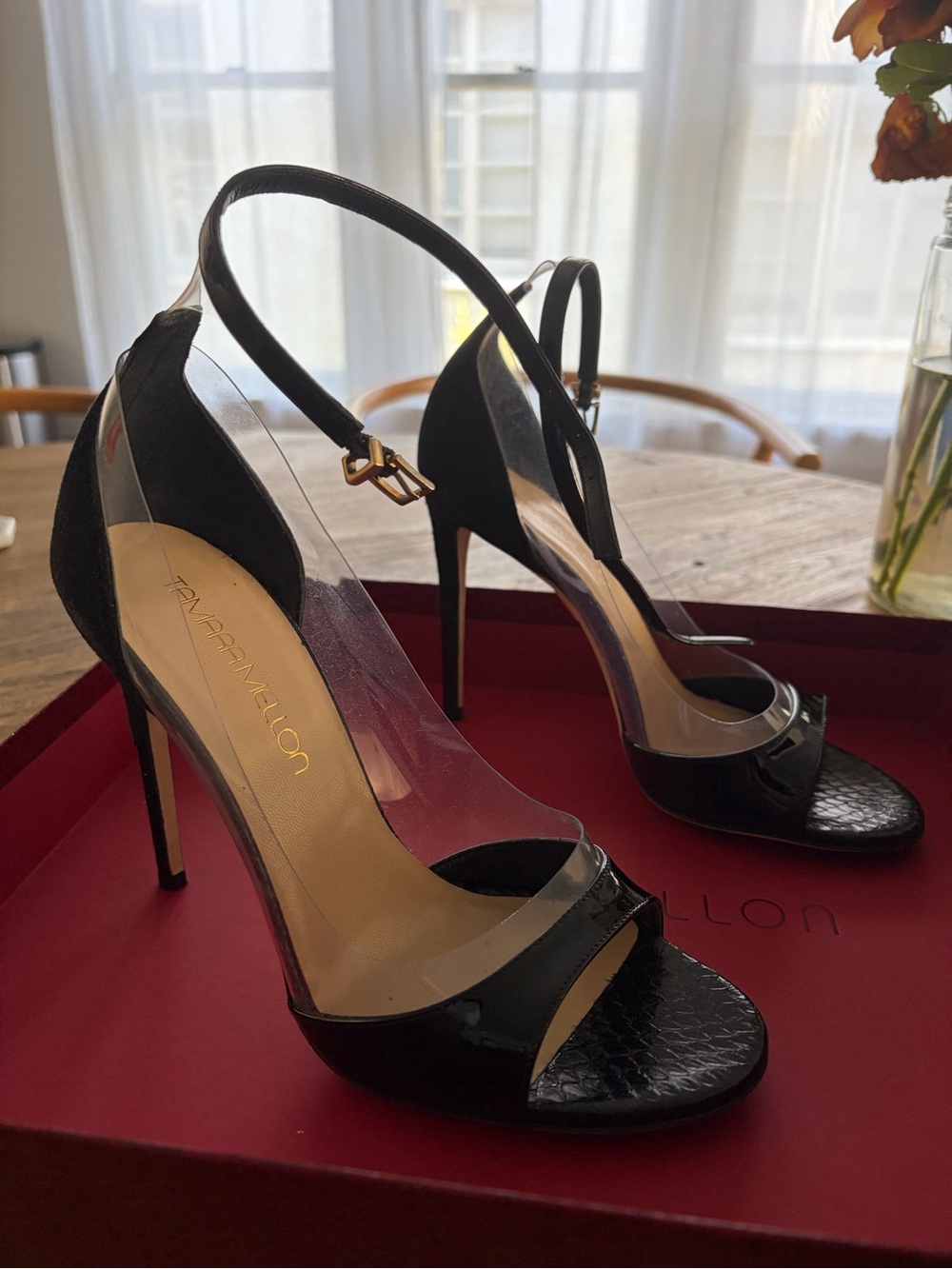 Black Patent Leather High Heel Sandals with Ankle Strap Tamara Melon